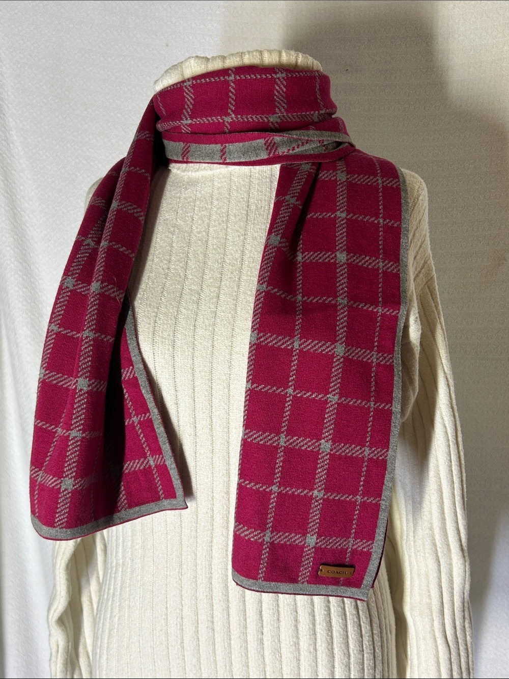Reversible Coach Tattersall Plaid Knit Scarf in magenta and gray